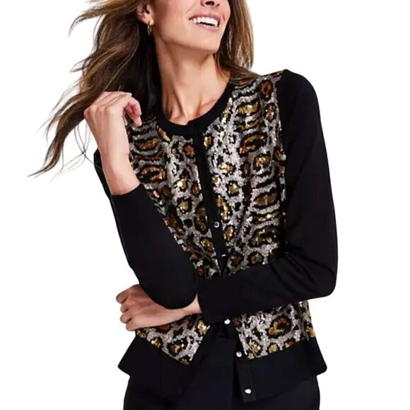 JM Collection Leopard Sequin Party Cardigan Sweater Rayon Blend Size PL - Picture 5 of 9